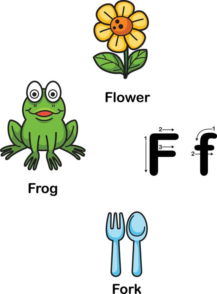 alfabet letter f-bloem, kikker, vork vectorillustratie vector