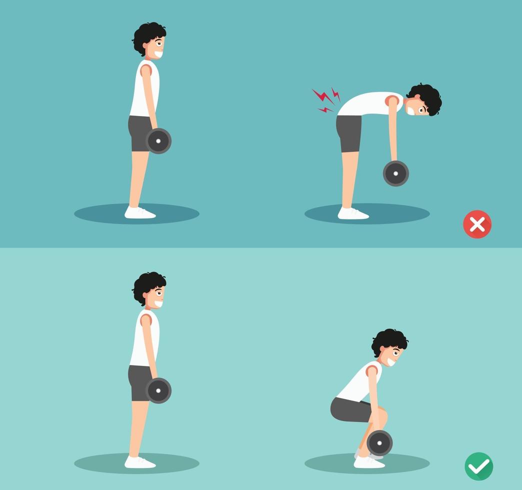 mannelijke verkeerde en juiste deadlift-houding, illustratie vector