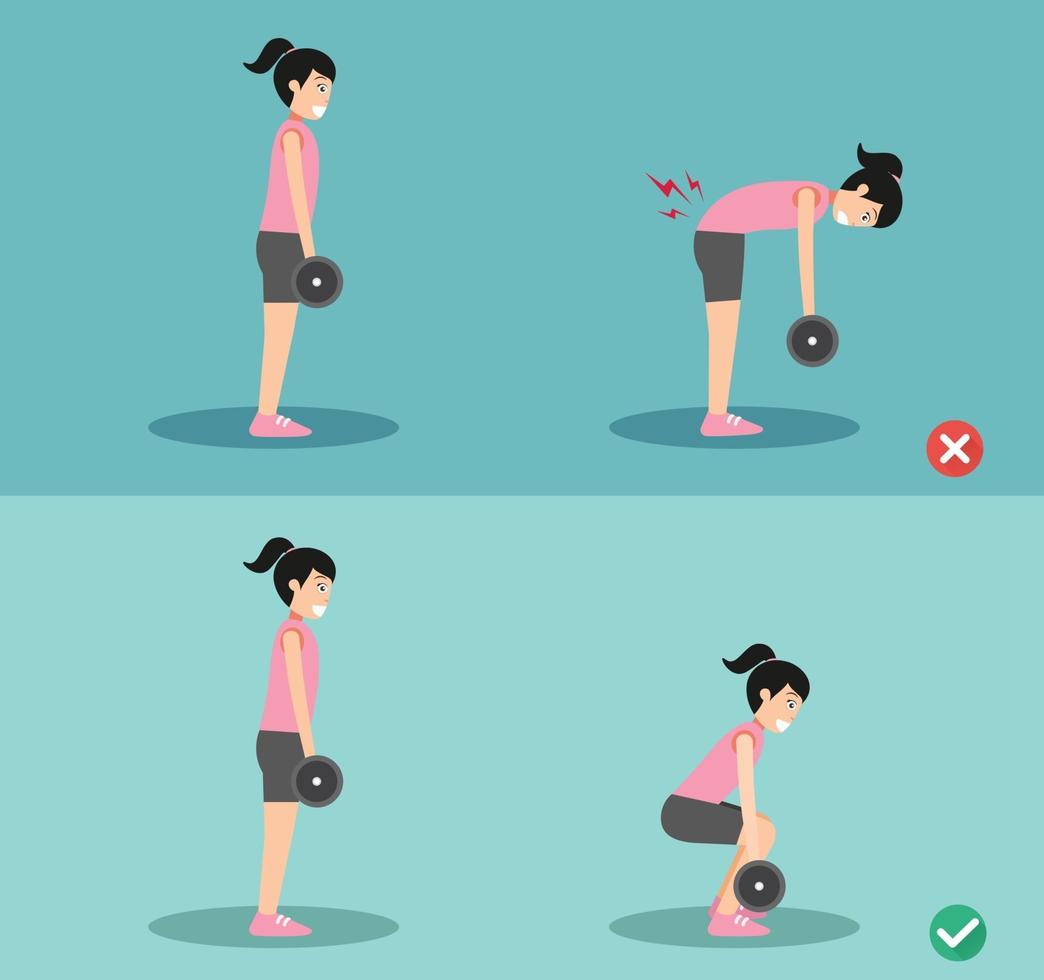 vrouw verkeerde en juiste deadlift houding, illustratie vector