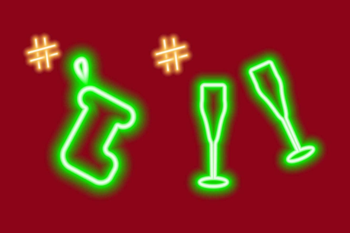 neon lichtgevend pictogrammen van geschenk sok en 2 wijn bril met hashtags. concept voor groeten of zoeken vector