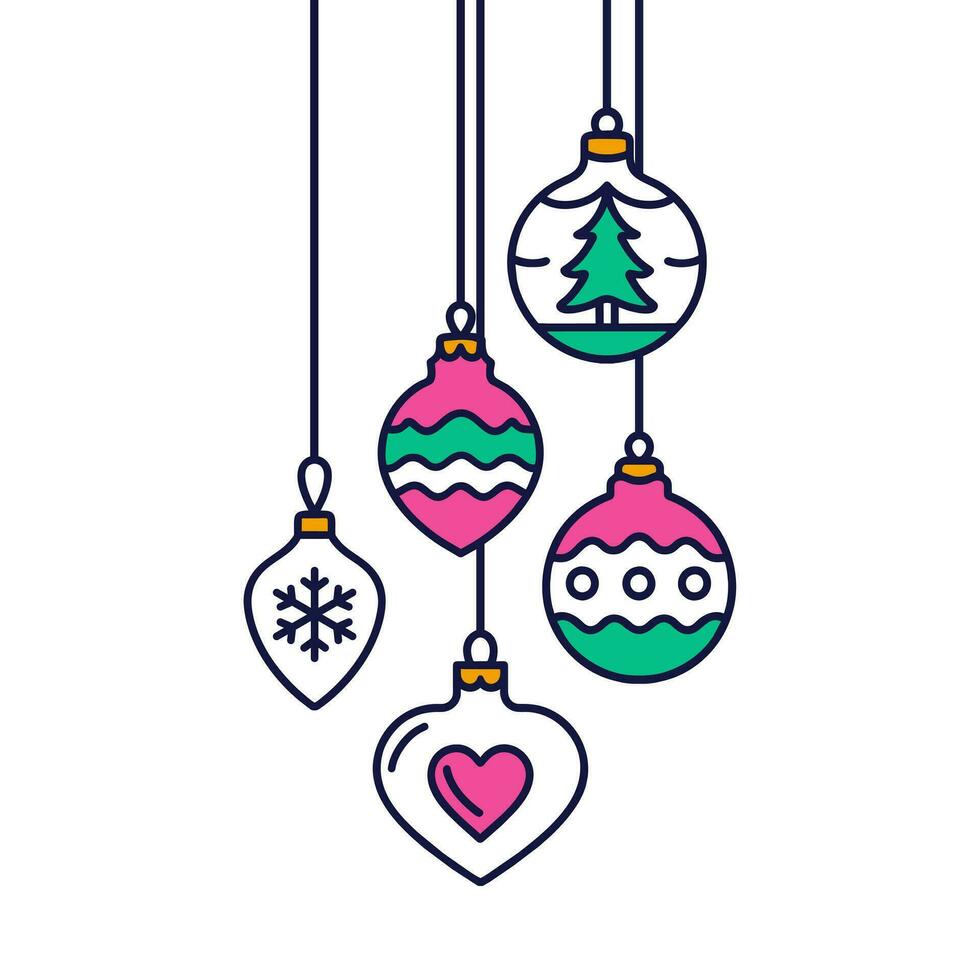 vrolijk Kerstmis groet kaart. poster met Kerstmis boom speelgoed. vlak vector illustratie geïsoleerd Aan wit achtergrond