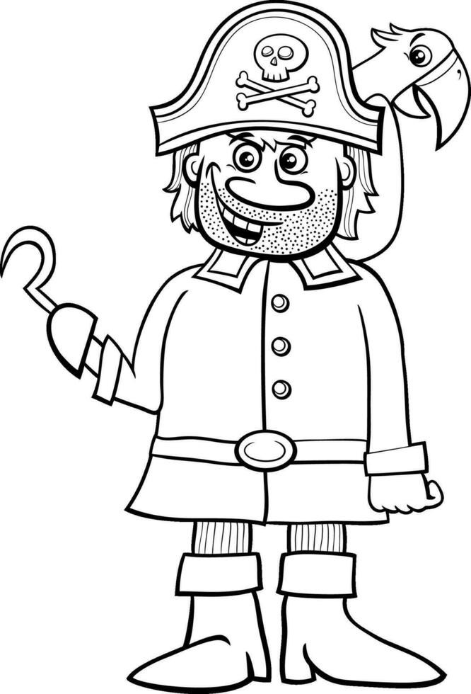tekenfilm piraat karakter met haak en ara kleur bladzijde vector
