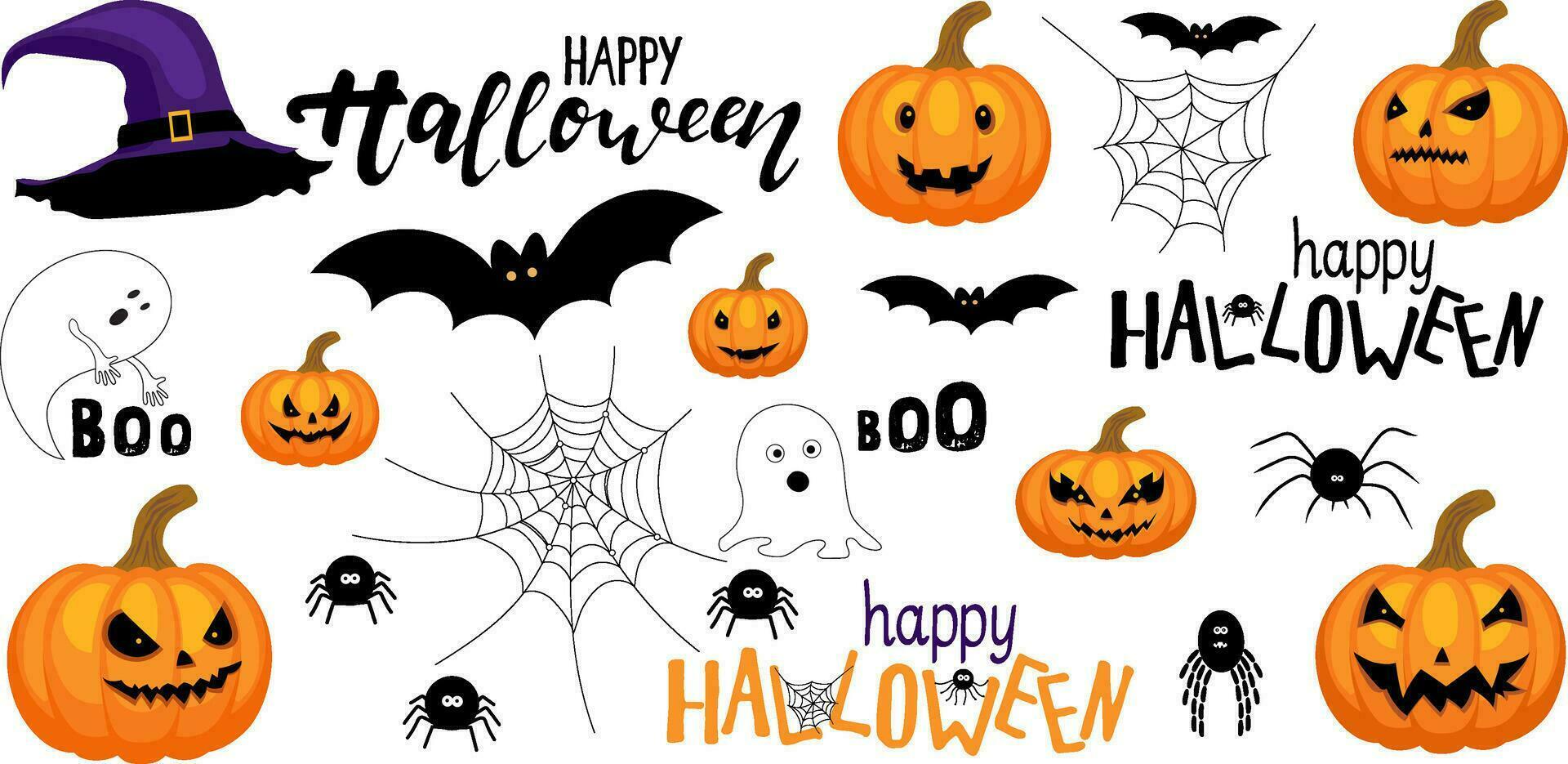 halloween elementen reeks pompoenen webben spinnen vleermuizen tekst vector