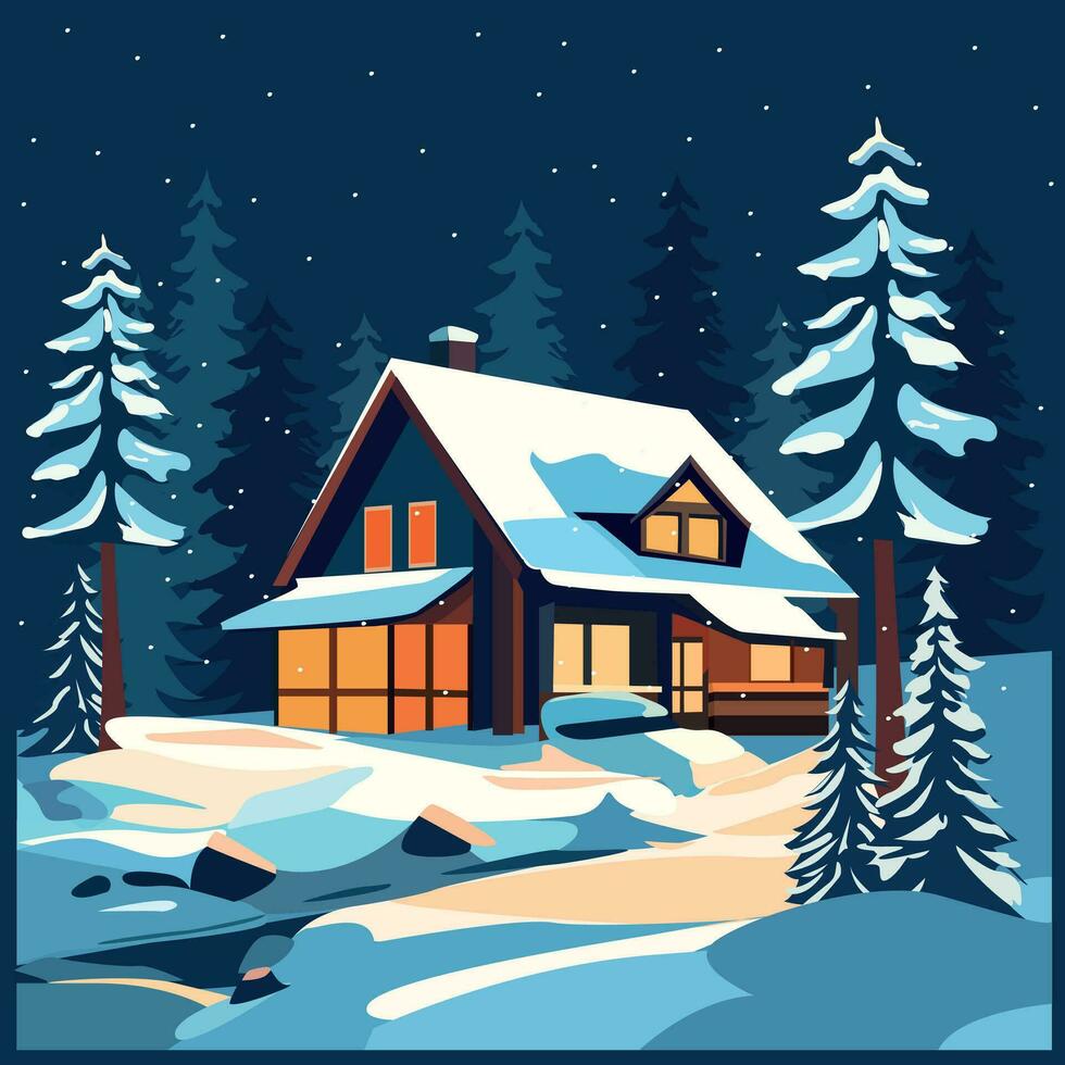 kerstmis. huis in de winter Woud. ansichtkaart. hoog kwaliteit vector illustratie.