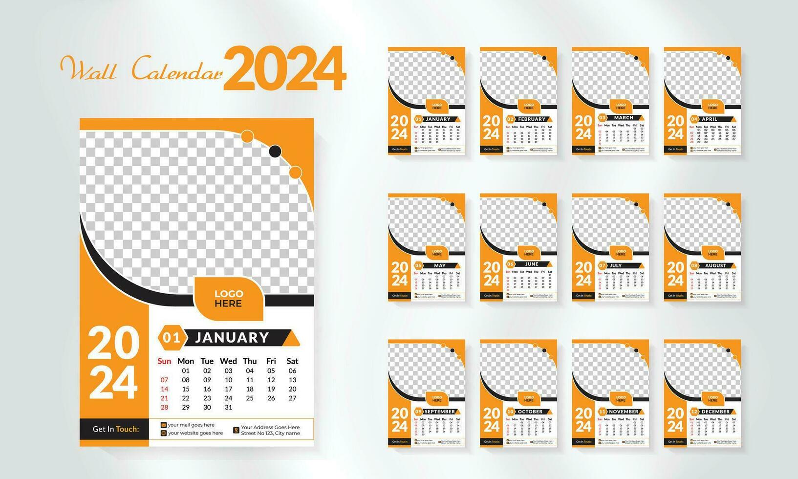 2024 gelukkig nieuw jaar kalender sjabloon set. modern en creatief lay-out muur kalender reeks van 12 maand sjabloon. minimalistische sjabloon of kalender a4 lay-out ontwerp. week begin Aan zondag. vector