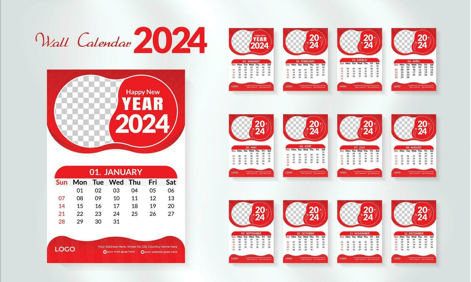 2024 gelukkig nieuw jaar kalender sjabloon set. modern en creatief lay-out muur kalender reeks van 12 maand sjabloon. minimalistische sjabloon of kalender a4 lay-out ontwerp. week begin Aan zondag. vector