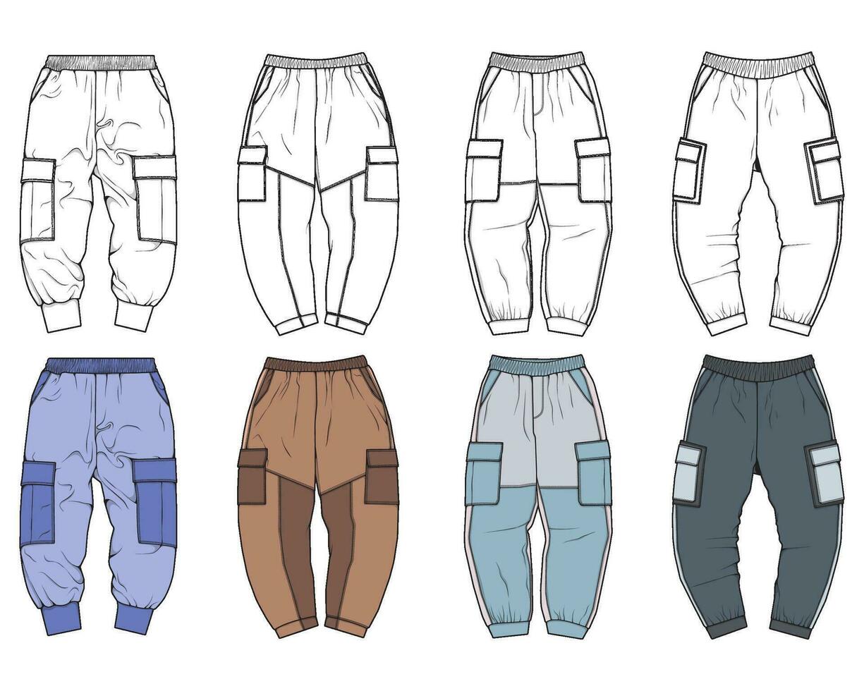 lading broek kleurrijk mode hand- tekening technisch sjabloon. lading zak- mode mockup voor opleiding. vector