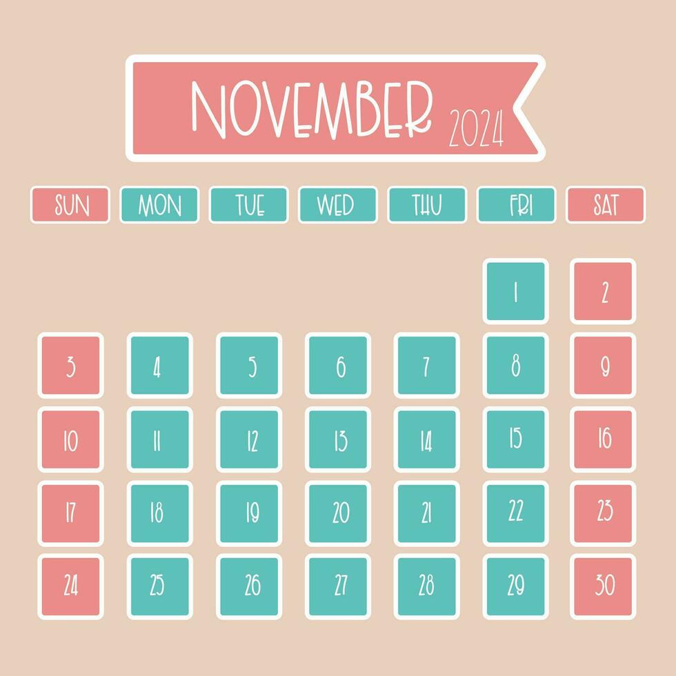 november 2024 maandelijks kalender ontwerp met dun doopvont waar week begint van zondag vector