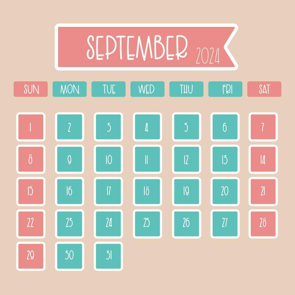 september 2024 maandelijks kalender ontwerp met dun doopvont waar week begint van zondag vector