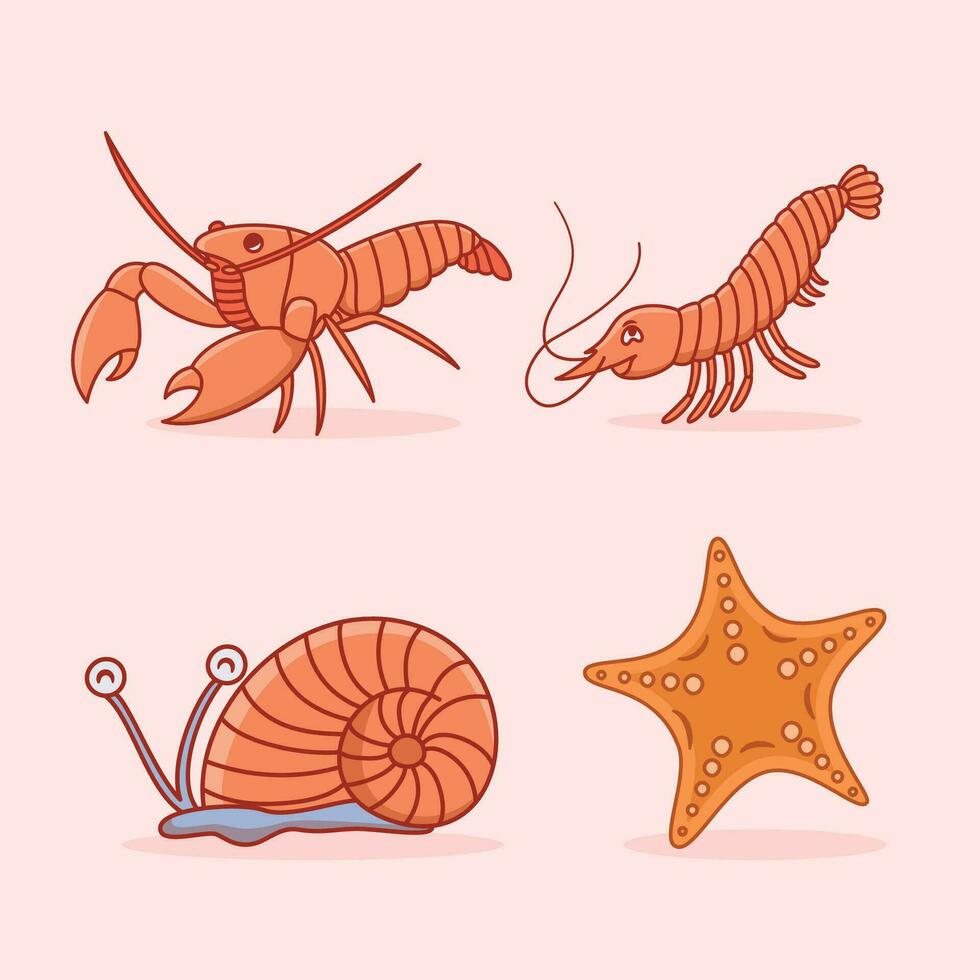 schattig kreeft, slak, garnaal, zeester tekenfilm illustratie, schattig zee dier tekenfilm vector