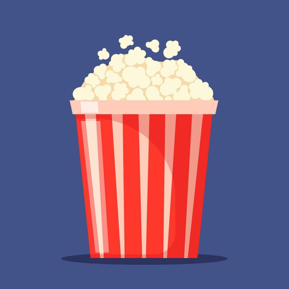 popcorn vlokken en emmer. popcorn container. wit en rood karton kop met vliegend uit en verstrooien tussendoortje zaden. geïsoleerd gestreept 3d papier doos met snel voedsel voor bioscoop. vector illustratie.