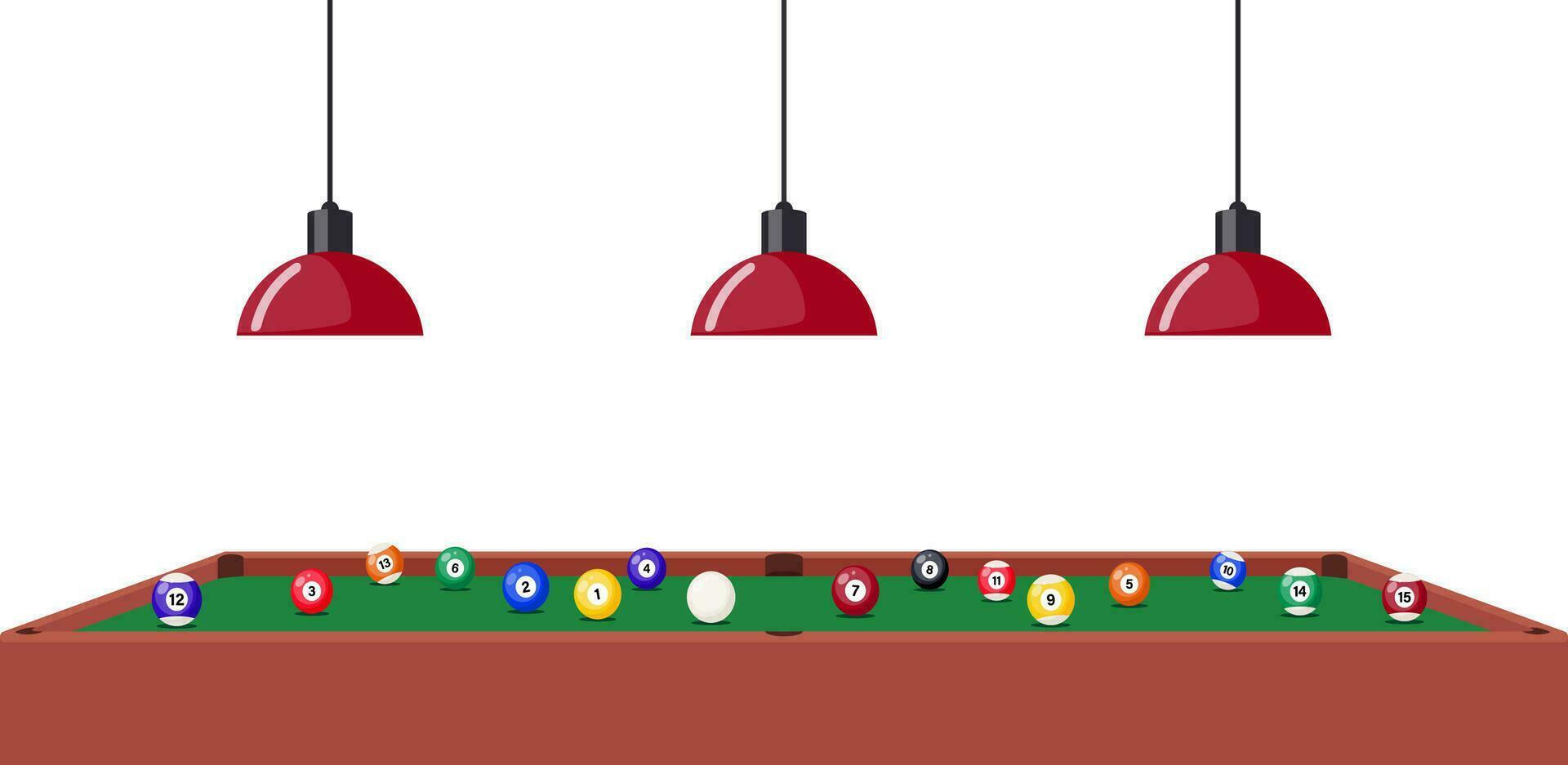 zwembad biljart tafel en hangende lampen onder het, kant visie. multi gekleurde zwembad ballen Aan biljart tafel. vector illustratie.