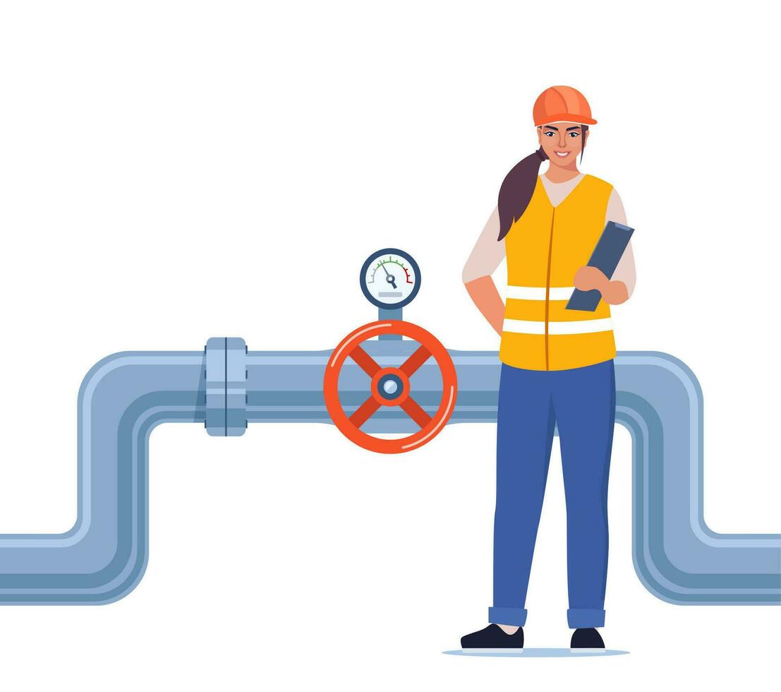 ingenieur in werkkleding en beschermend helm inspecteren petroleum of water pijpleidingen. klep en druk peilen Aan de pijp. olie, gas- of water industrie. vector illustratie.