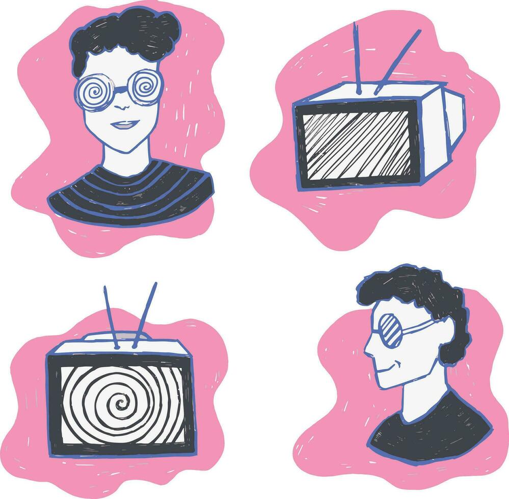 hand getekend stickers met een TV en een Mens met bril geïsoleerd Aan een wit achtergrond vector