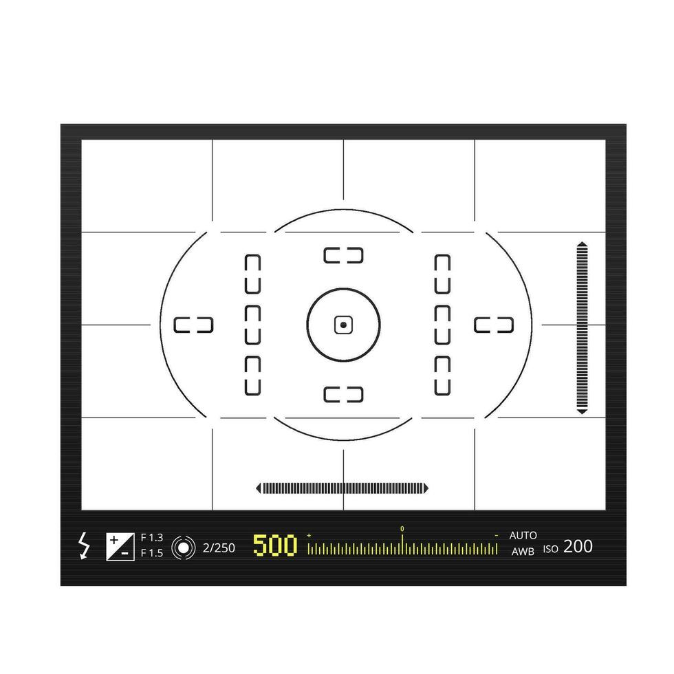 digitaal camera met schermen van het schieten modi sjabloon. zwart professioneel apparaatje met variabel meetkundig instelling van vector filmen toont.