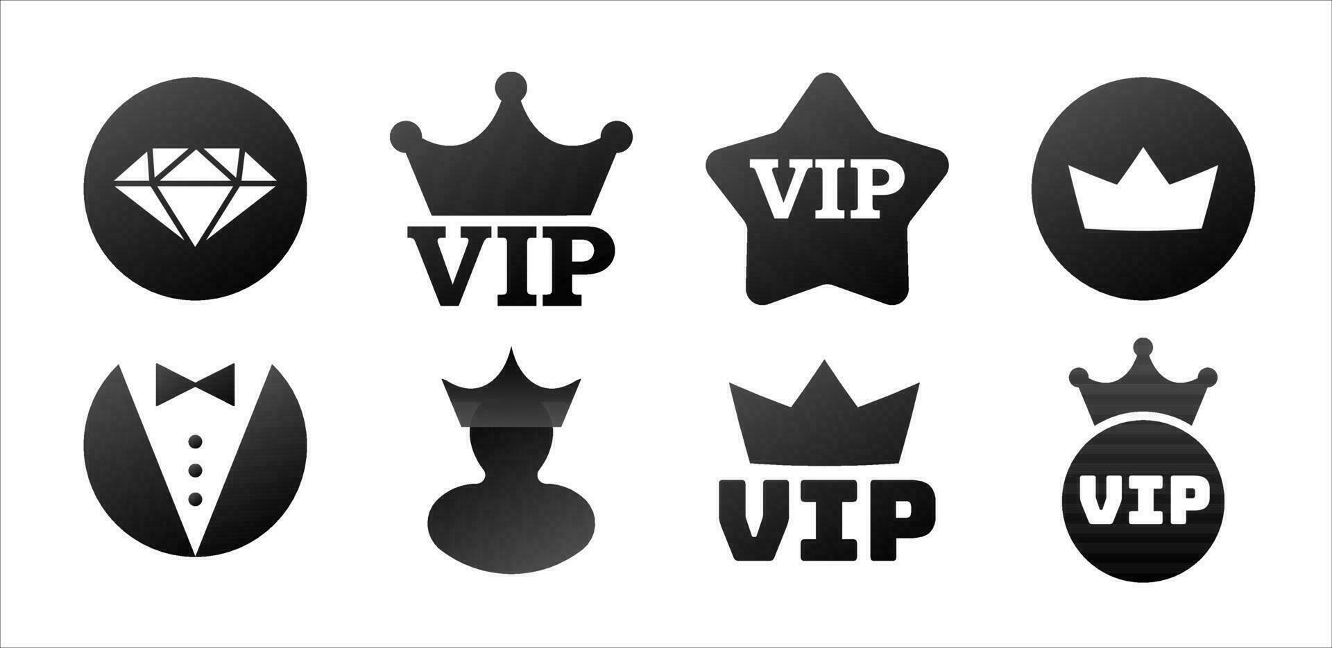 stickers met vip symbolen icoon. luxe kroon premie certificaat voor uitnodiging met smoking exclusief embleem en elegant ontwerp voor beroemd en rijk vector bezoekers