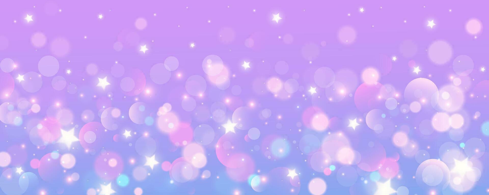 Purper eenhoorn achtergrond. pastel paars lucht met schitteren sterren en bokeh. fantasie heelal met holografische textuur. magie marmeren ruimte. vector