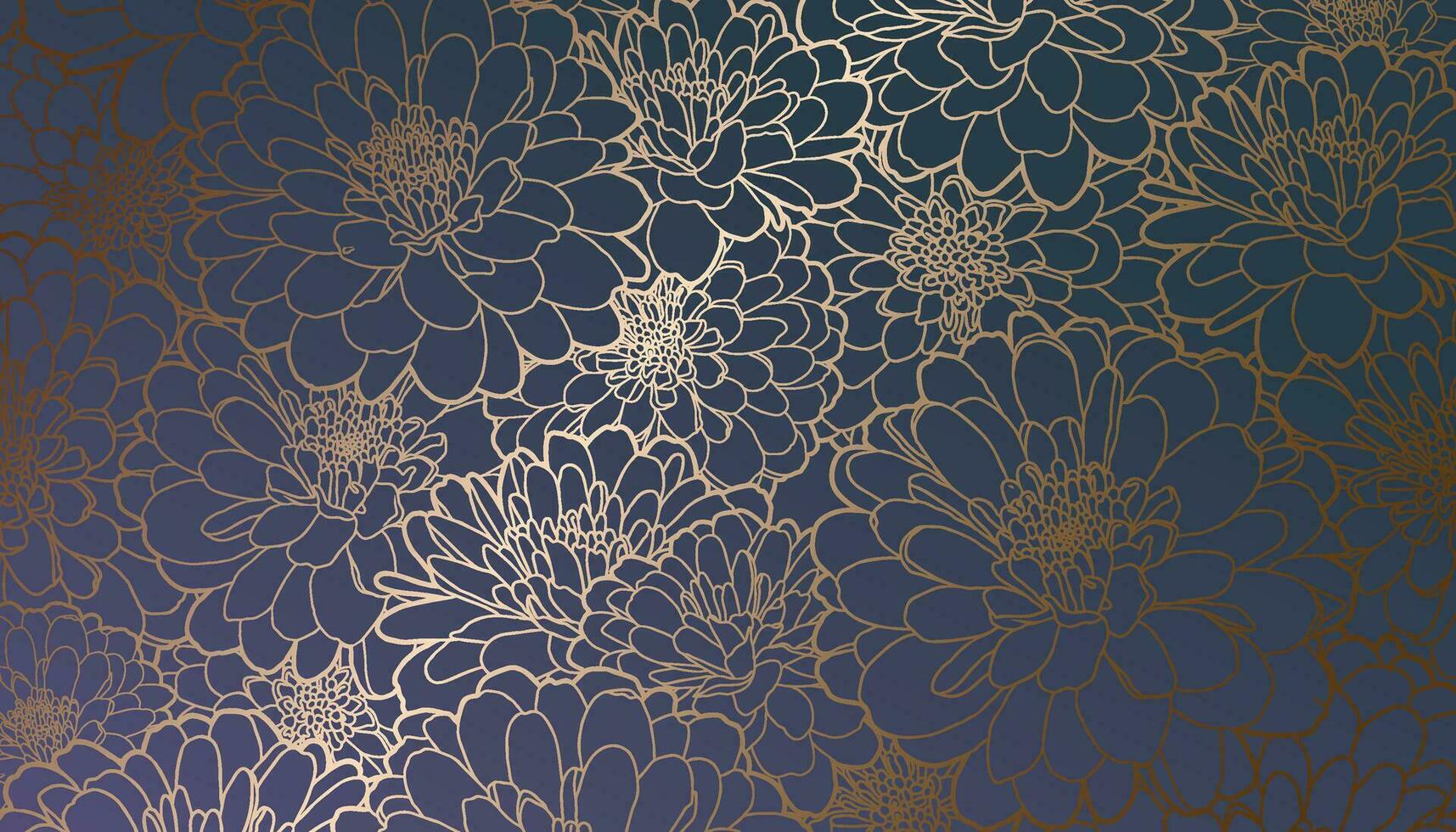 gouden metalen verijdeld contour chrysant bloemen Aan donker helling Purper blauw groen achtergrond. decoratief afdrukken voor behang, inpakken, textiel, kleding stof, bruiloft uitnodiging, groet vector