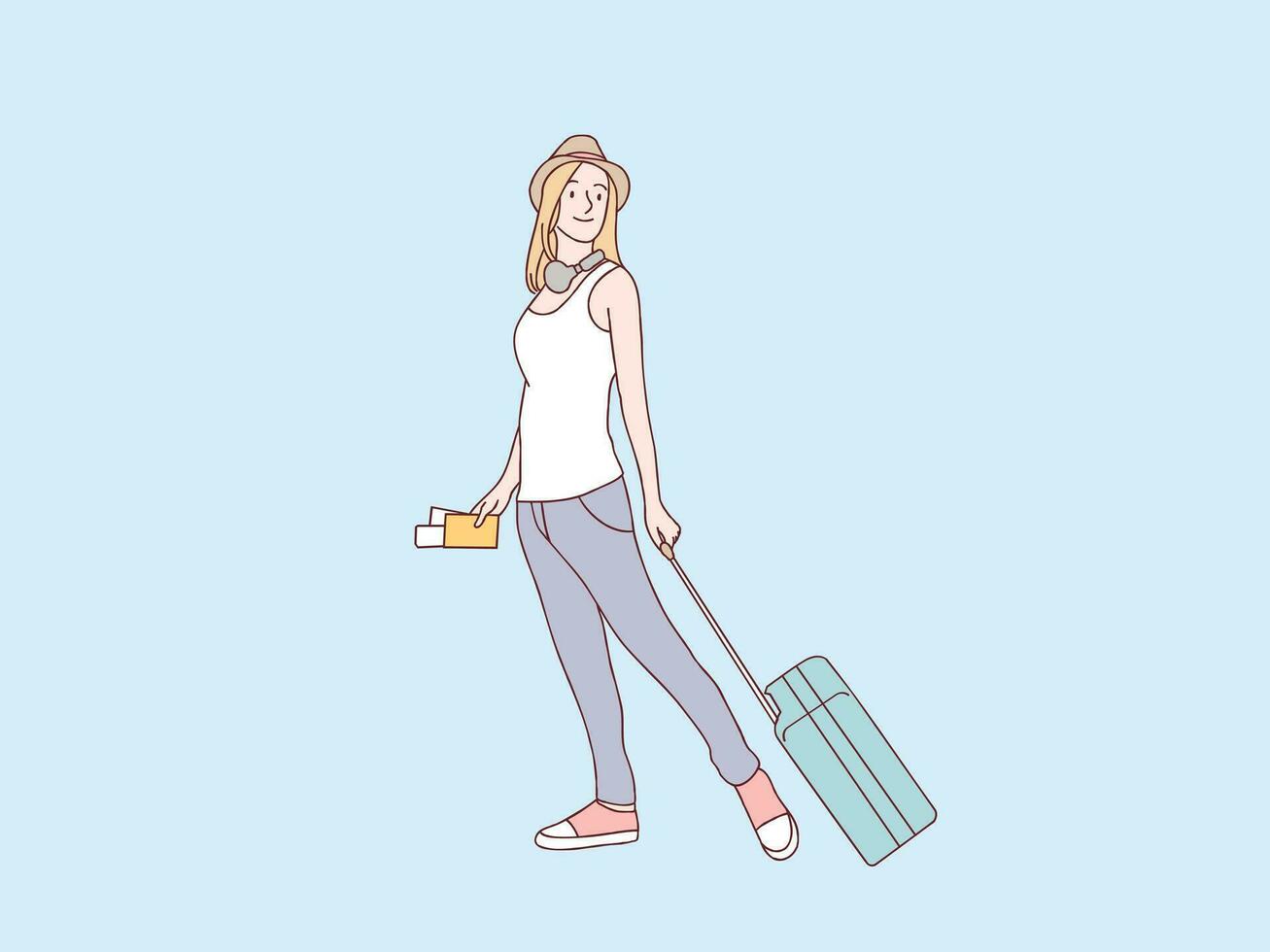 gelukkig vakantie vrouw dragen koffer en paspoort wezen klaar naar Gaan vakantie gemakkelijk Koreaans stijl illustratie vector