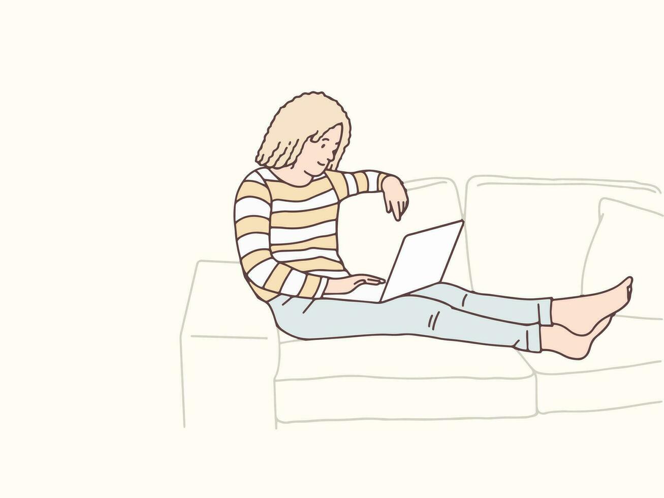 gekruld vrouw aan het liegen met laptop Aan de sofa gemakkelijk Koreaans stijl illustratie vector