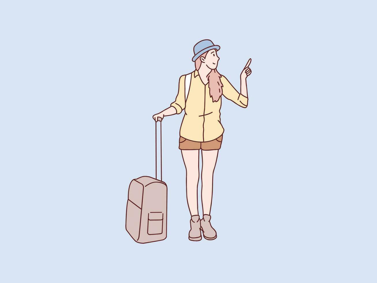 gelukkig vakantie vrouw dragen koffer staan wezen klaar naar Gaan vakantie gemakkelijk Koreaans stijl illustratie vector