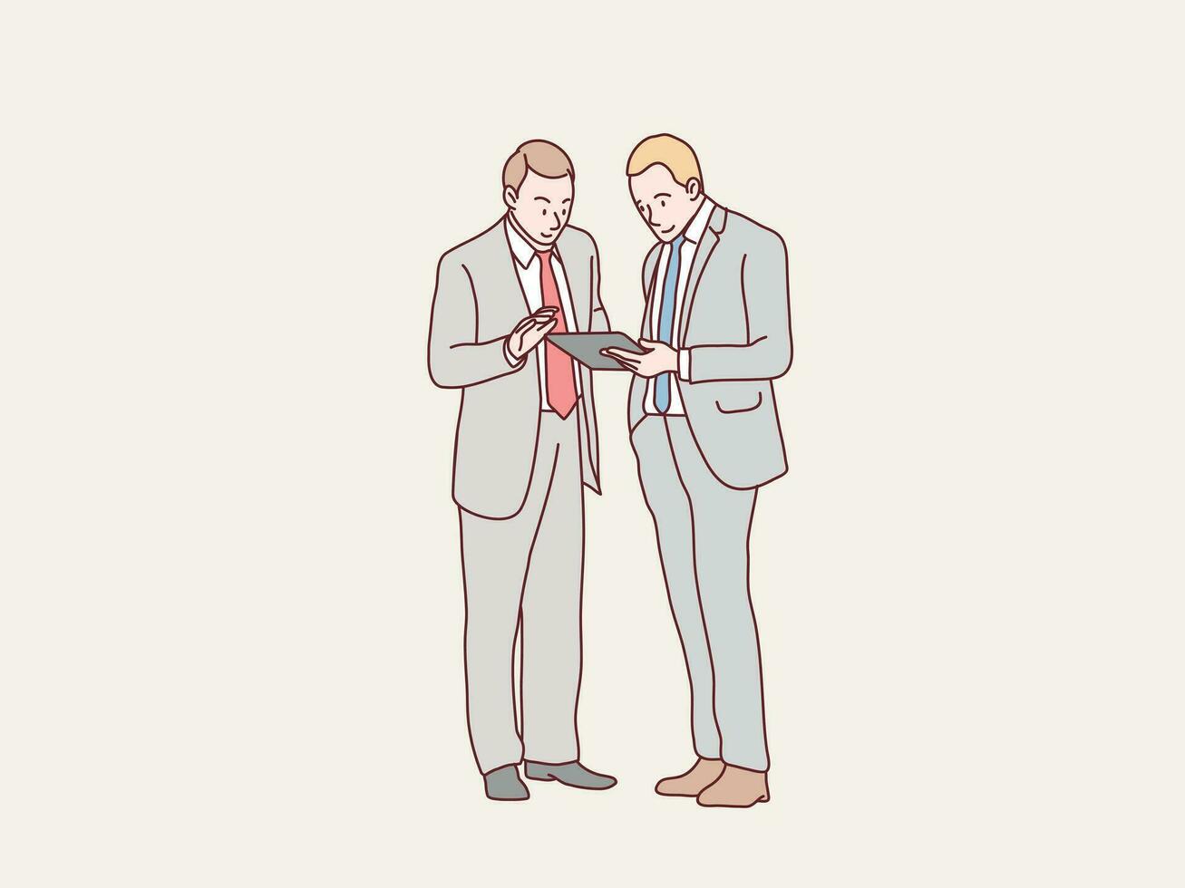 bedrijf partners Mens bespreken hebben gesprek werk Aan tablet gemakkelijk Koreaans stijl illustratie vector