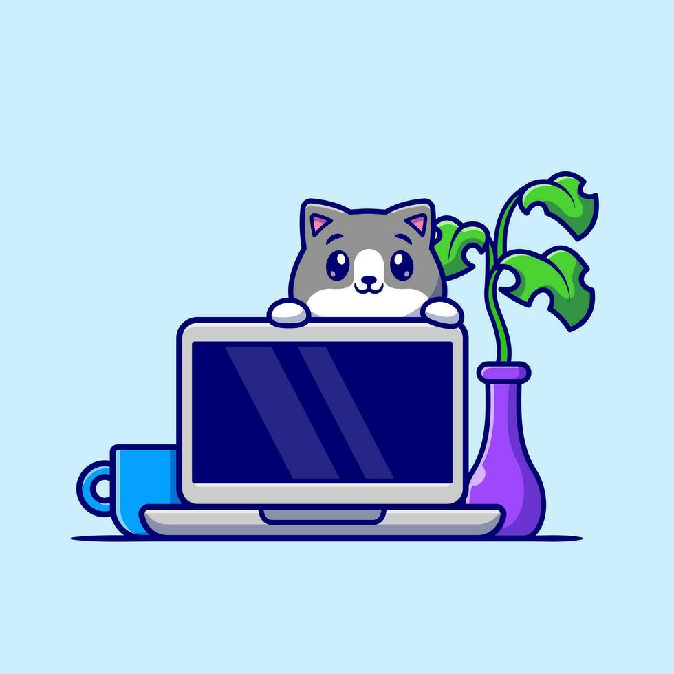 schattig kat achter laptop tekenfilm vector icoon illustratie. dier technologie icoon concept geïsoleerd premie vector. vlak tekenfilm stijl