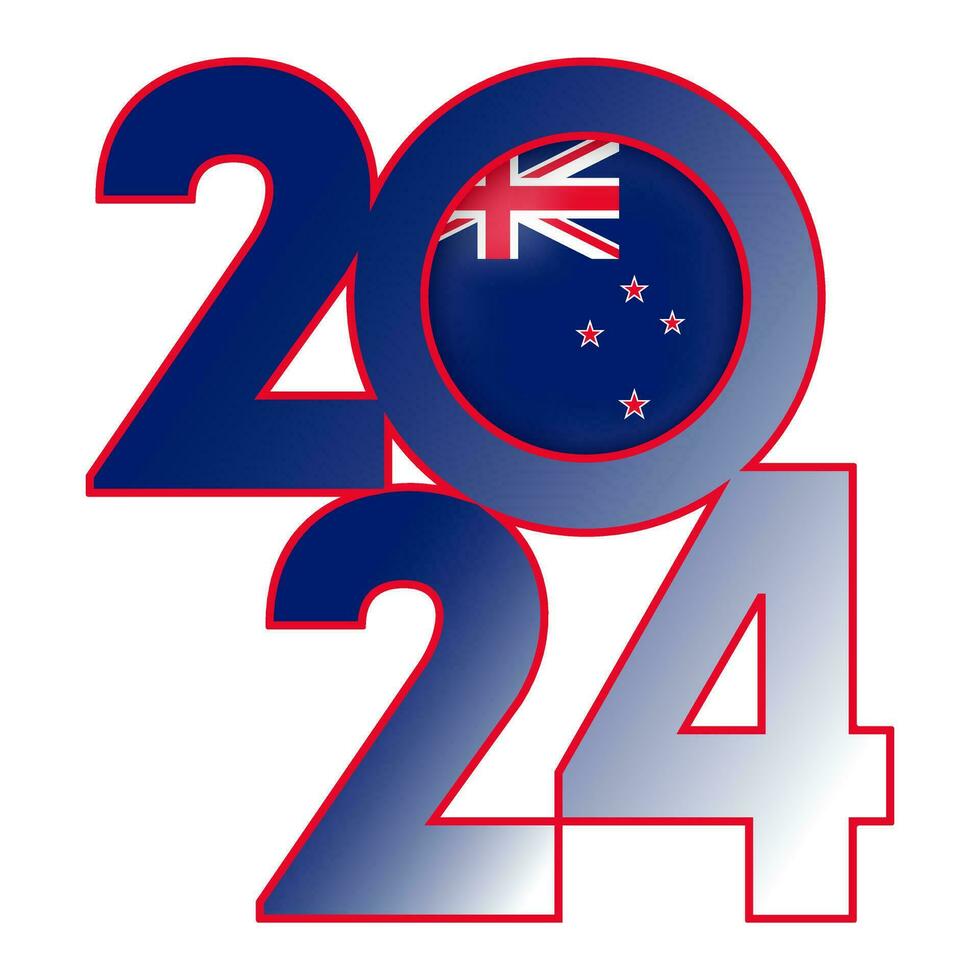 gelukkig nieuw jaar 2024 banier met nieuw Zeeland vlag binnen. vector illustratie.