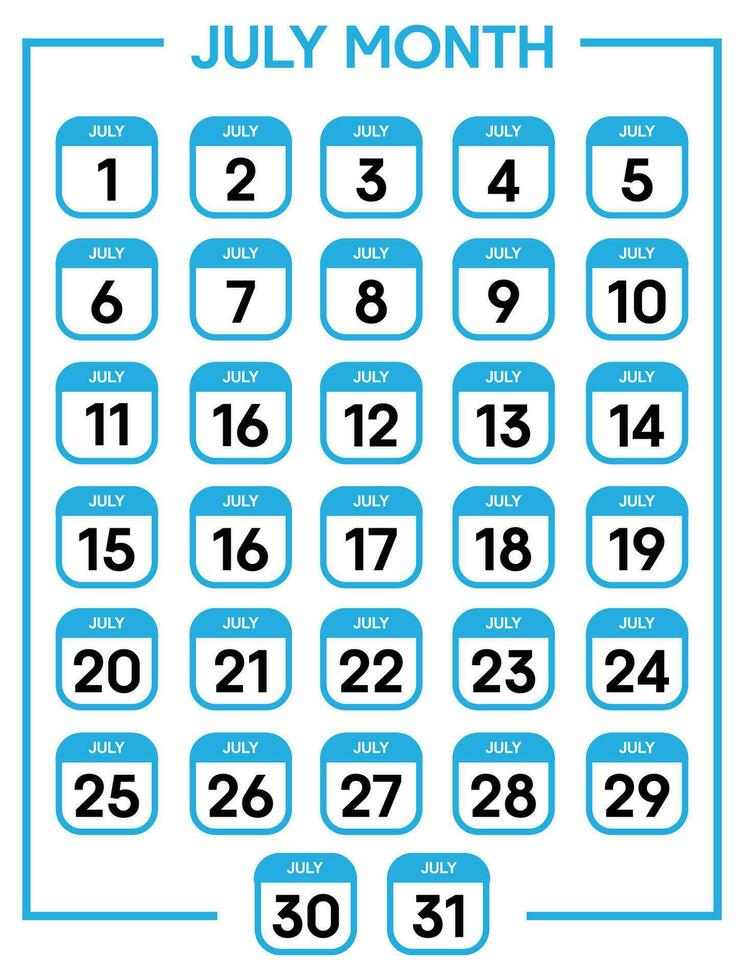 juli 01 naar 31 dagen kalender blad vector illustratie sjabloon
