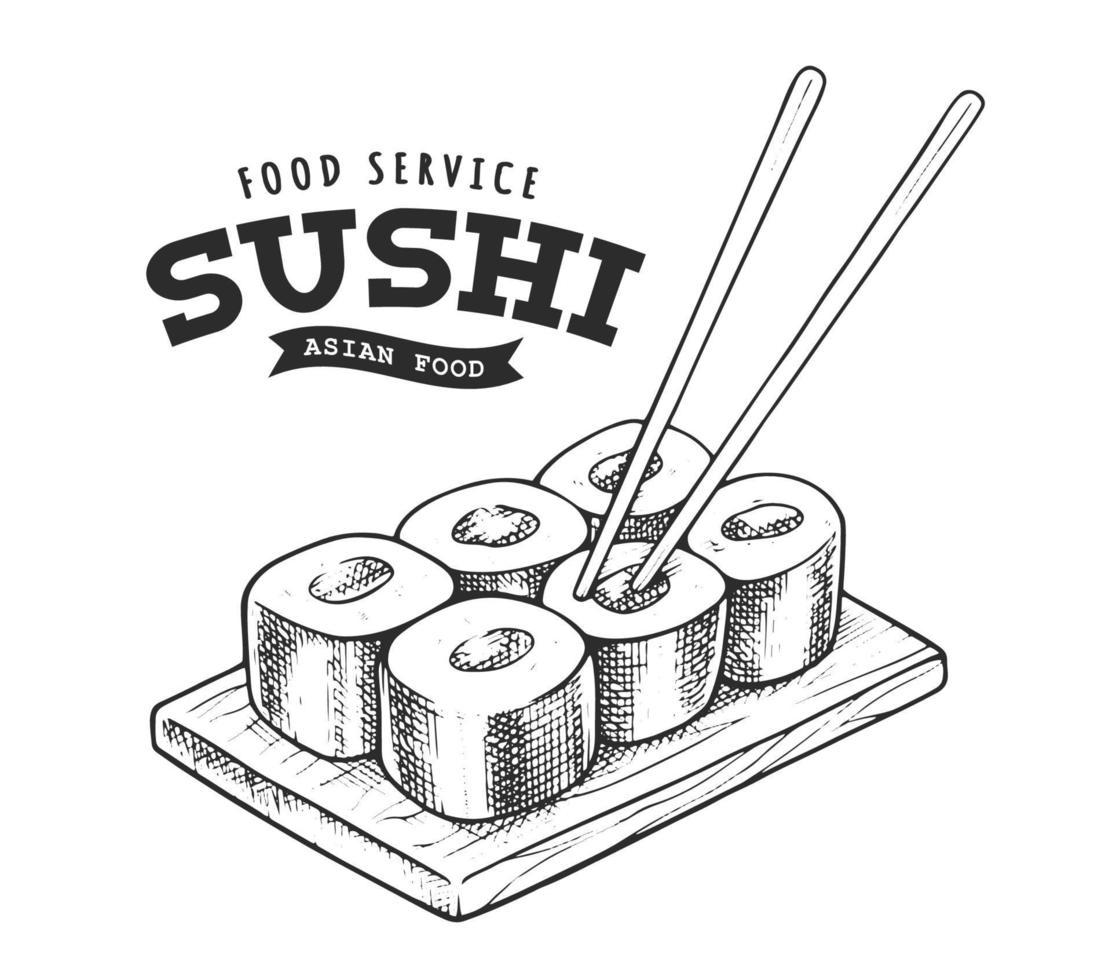 sushi retro embleem zwart en wit vector