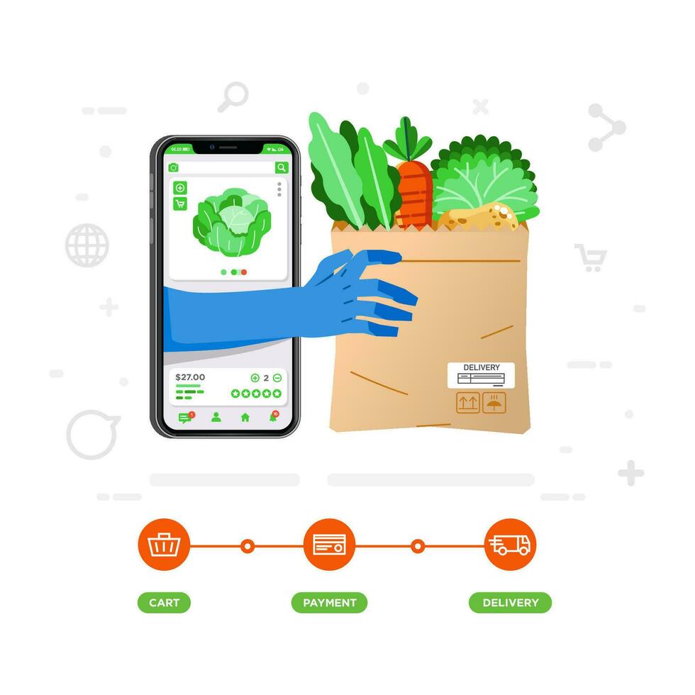 online boodschappen boodschappen doen app Aan mobiel telefoon, snel levering, voelen Leuk vinden voelt Leuk vinden direct boodschappen doen vector illustratie