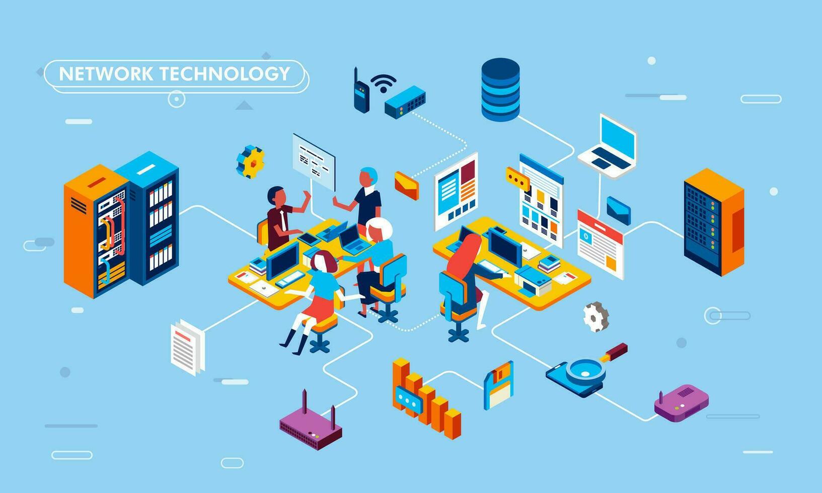 isometrische vlak ontwerp illustratie van netwerk technologie Aan bedrijf werkwijze, bedrijf element voor web bladzijde of infographic-vector vector