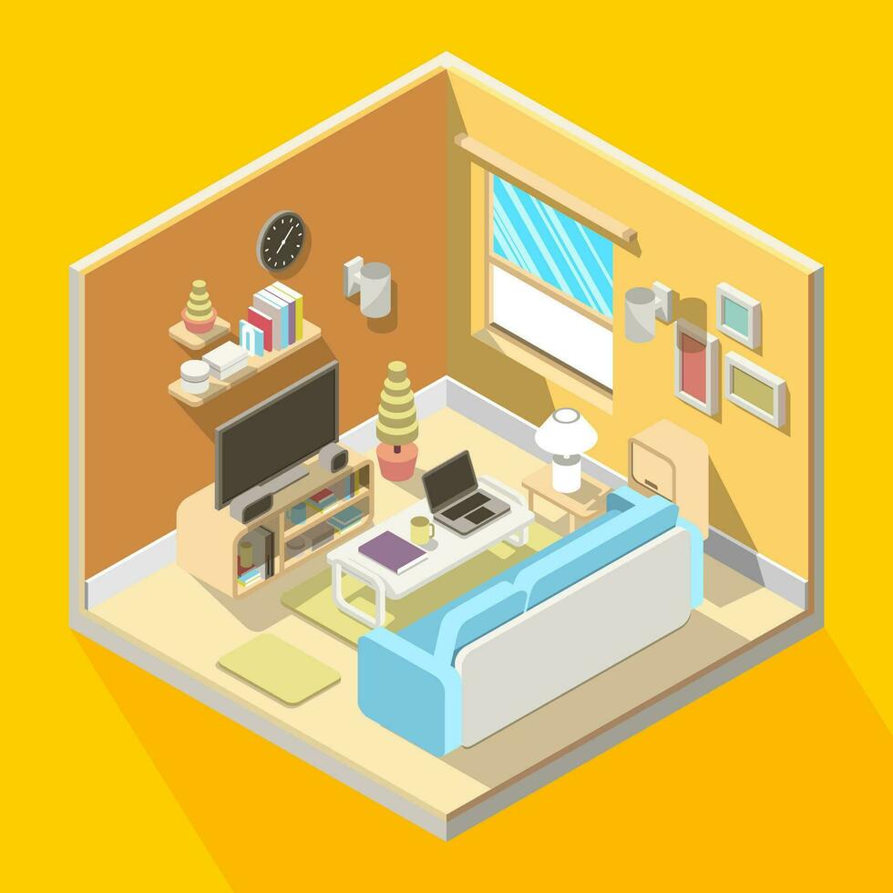 isometrische 3d illustratie van leven kamer interieur ontwerp met huis toestel binnen vector
