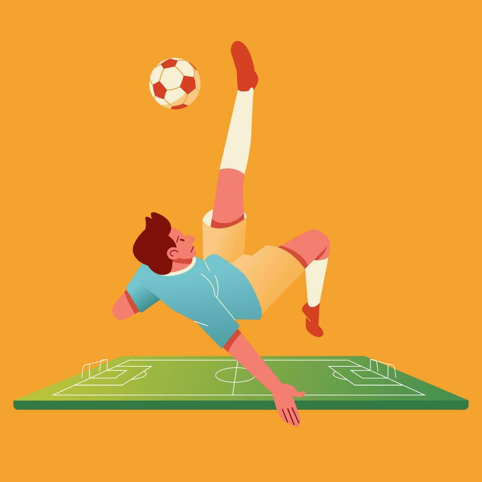 een voetbal speler schopt de bal in een salto, voetbal veld- kijken klein in de achtergrond vector