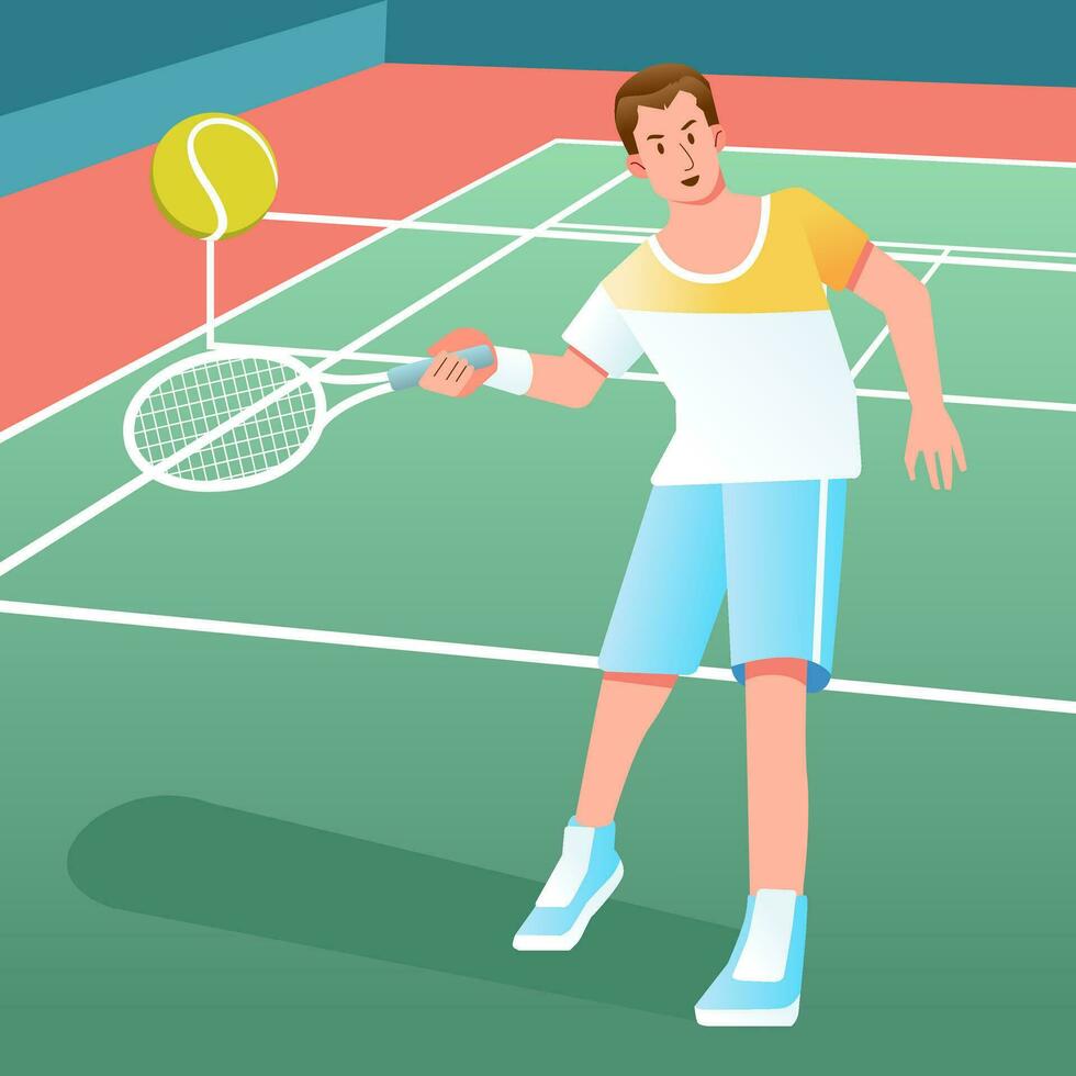 mannen raken de tennis bal, spelen tennis in de rechtbank vlak vector illustratie