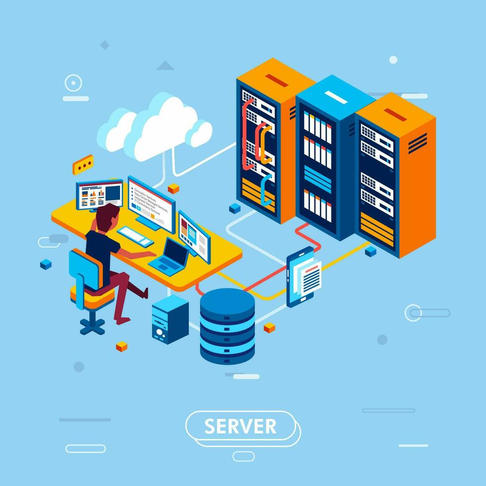 modern isometrische ontwerp van wolk server beheer, Mens werken in gegevens centrum kamer beheren gegevens in wolk server vector illustratie