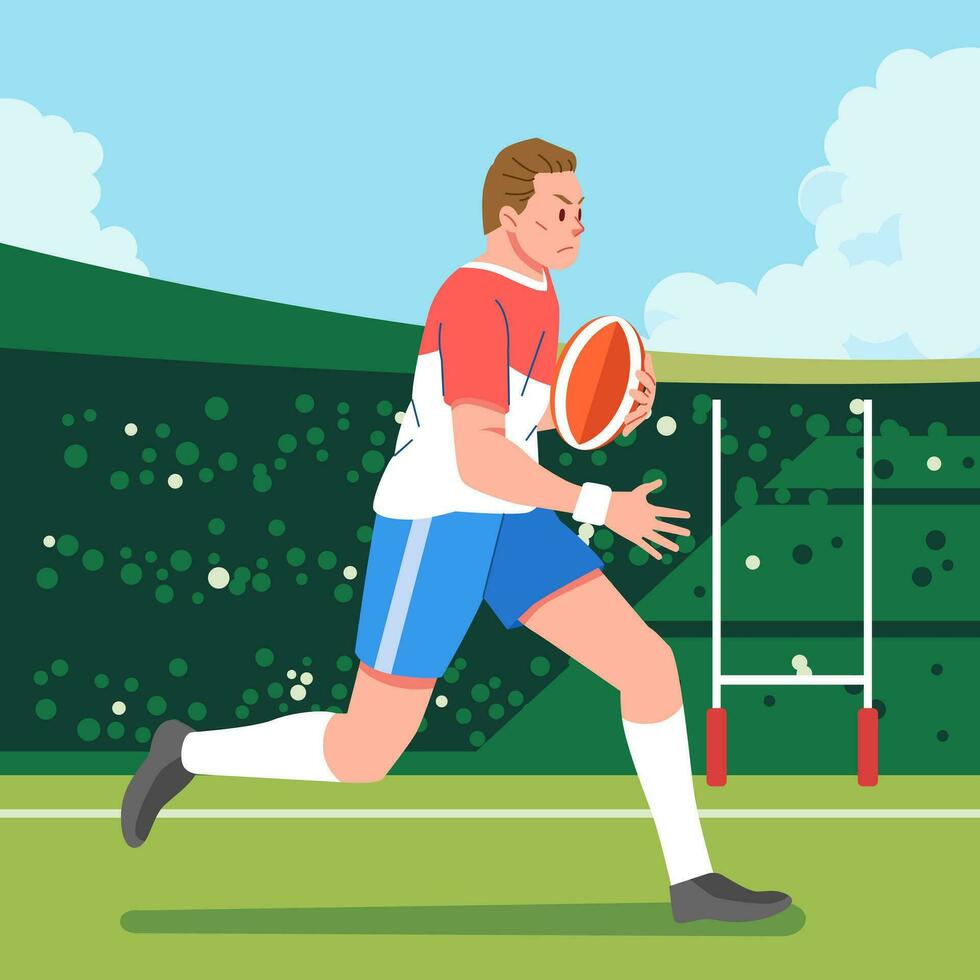 rugby speler rennen aan de overkant veld- draag- de bal kant visie vector