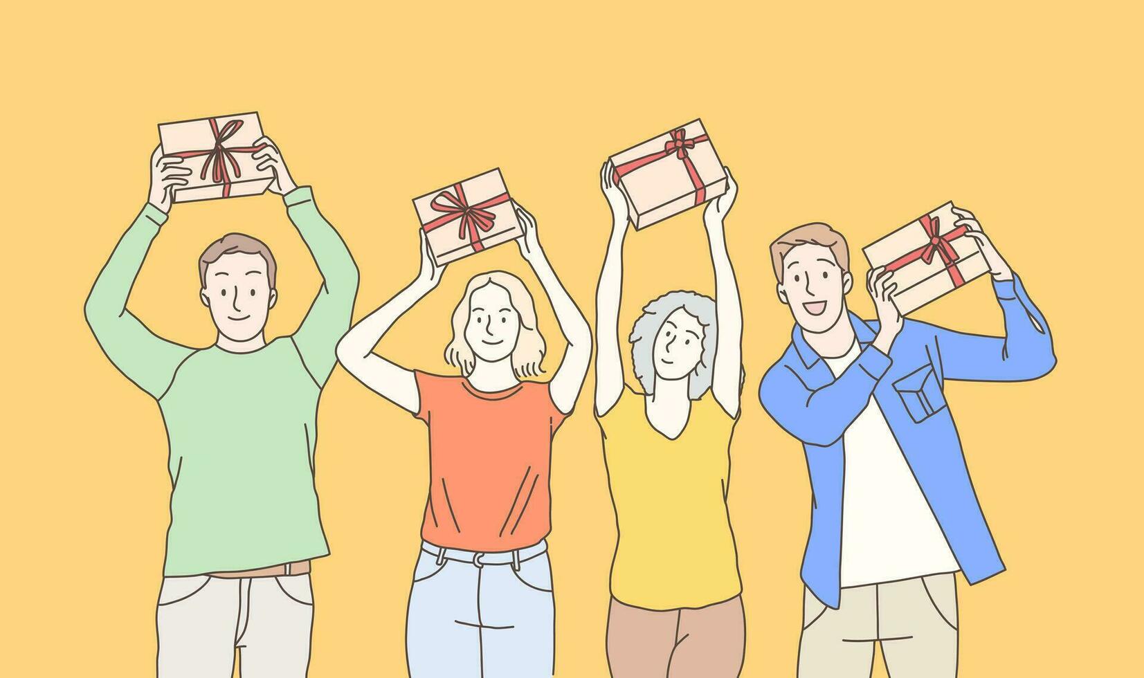 verliet gelukkig vrolijk groep van jong Mens en vrouw krijgen geschenk doos optillen omhoog gemakkelijk Koreaans stijl illustratie vector