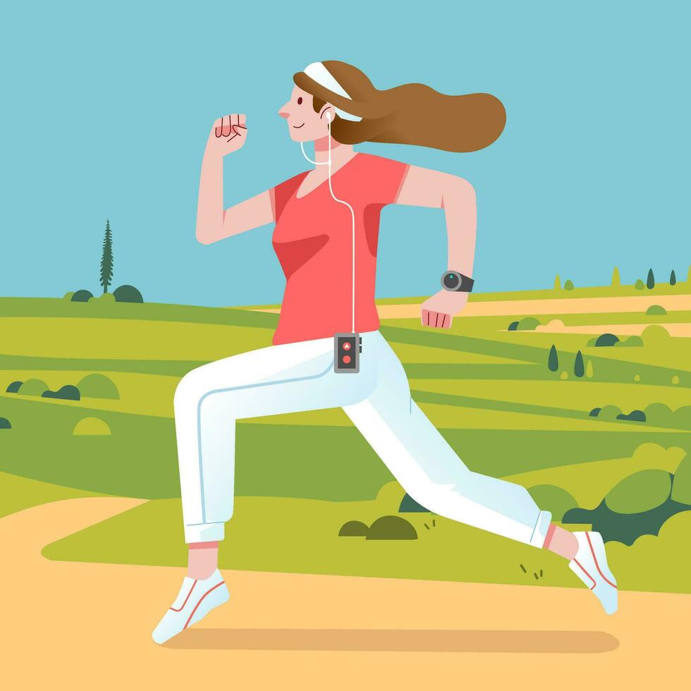 jong vrouw rennen terwijl luisteren muziek, rennen buitenshuis met breed uitgestrektheid van groen veld- vector illustratie