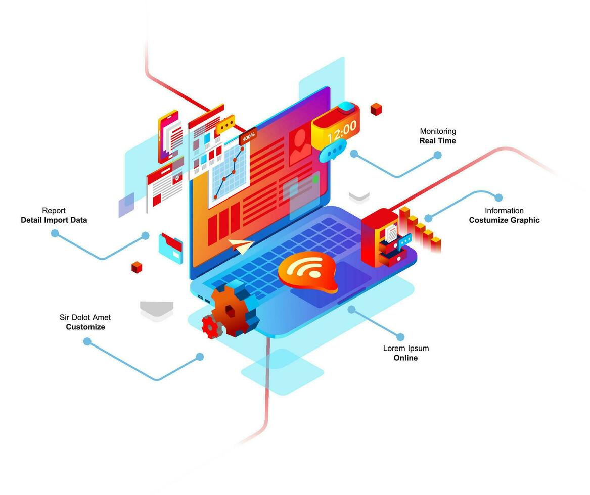 computer slim systeem isometrische 3d vector illustratie, Daar is Wifi, taak, verbinding, map icoon top van de computer