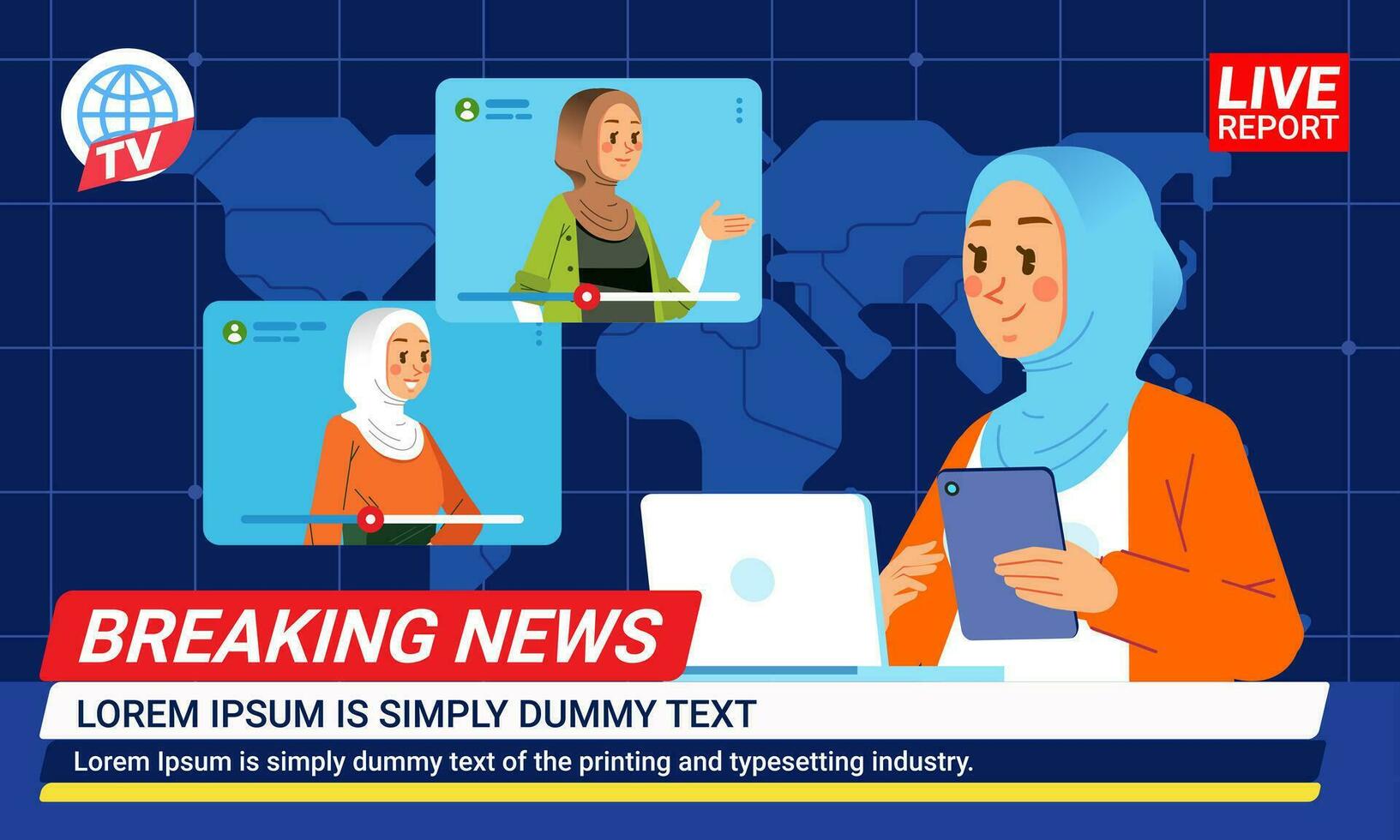 nieuws vrouw hijab moslim anker omroep de nieuws met een verslaggever leven Aan scherm omroepers werken in redactiekamer met wereld kaart achtergrond vector