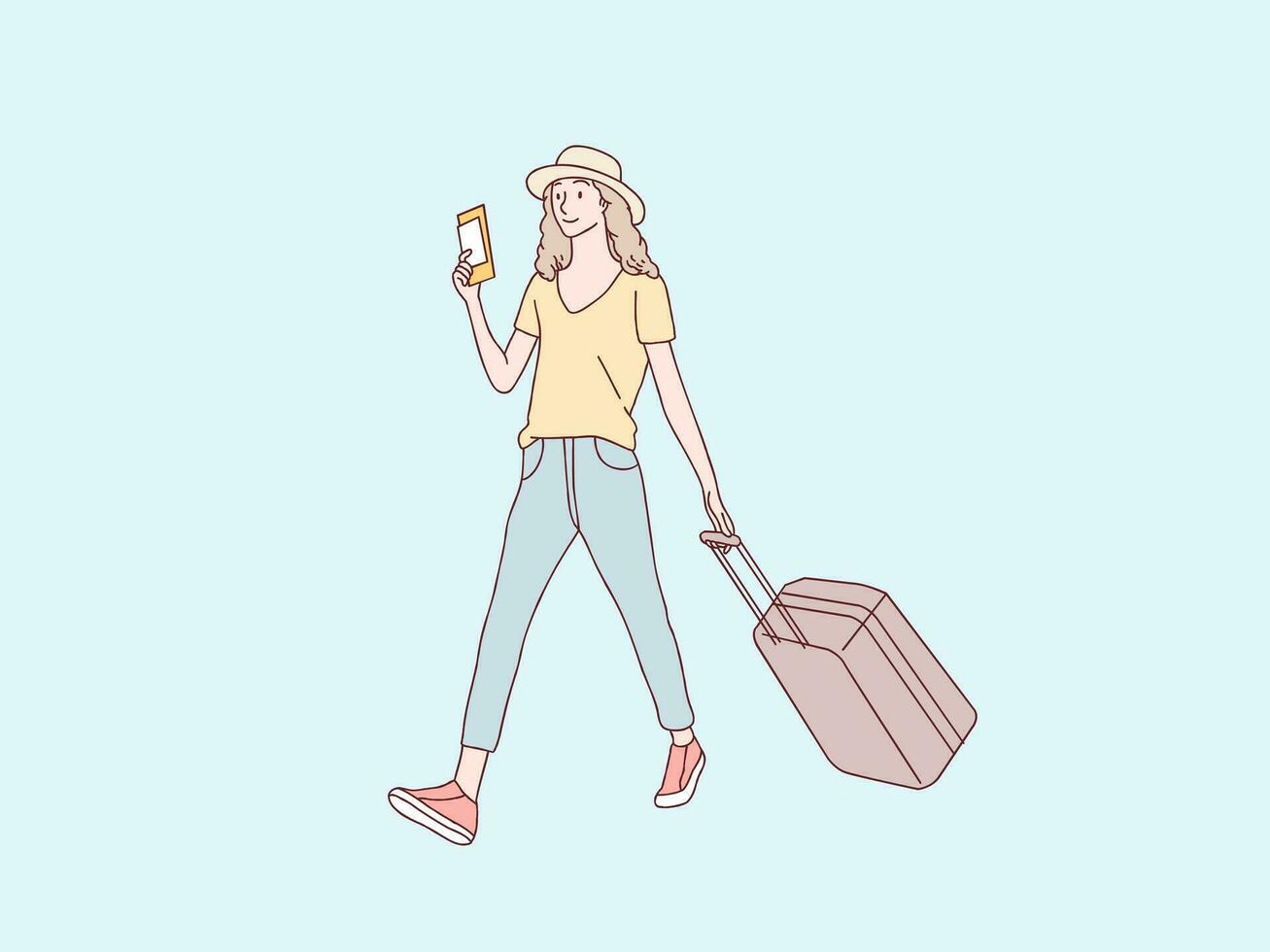 gelukkig vakantie vrouw wandelen dragen koffer en paspoort wezen klaar naar Gaan vakantie gemakkelijk Koreaans stijl illustratie vector
