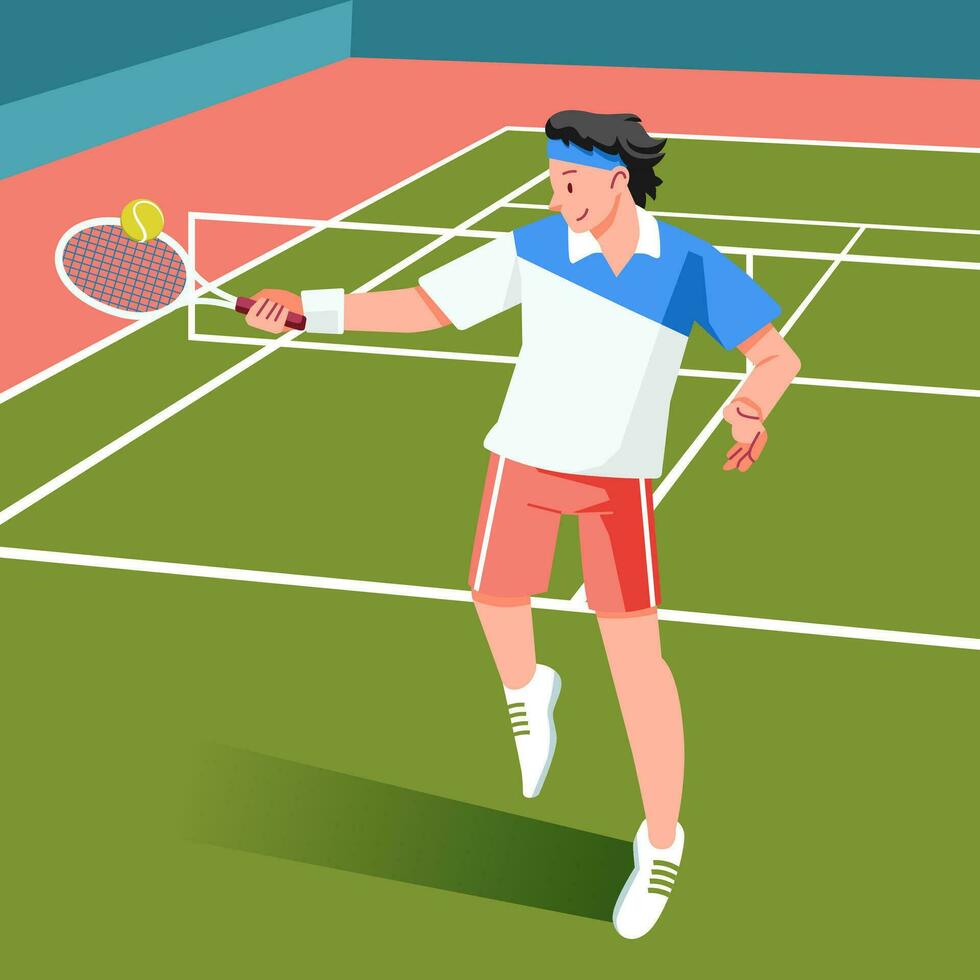 een tennis speler is voorbereidingen treffen naar raken een tennis bal in een bij elkaar passen in de groen tennis rechtbank vector illustratie