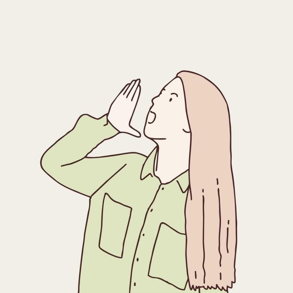 jong vrouw geschreeuw omhoog en schreeuwen luid naar kant met hand- Aan mond gemakkelijk Koreaans stijl illustratie vector