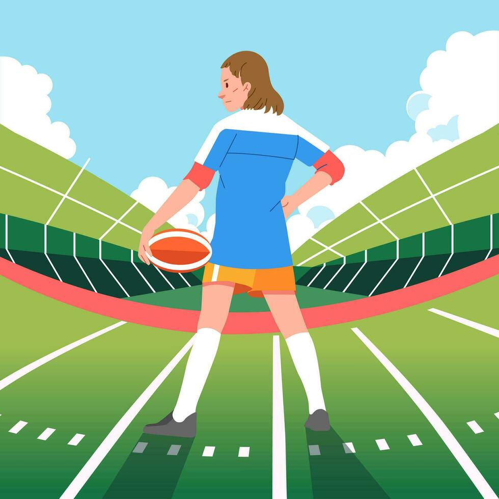 rugby vrouw speler staand in de midden- van de veld- met de bal vector