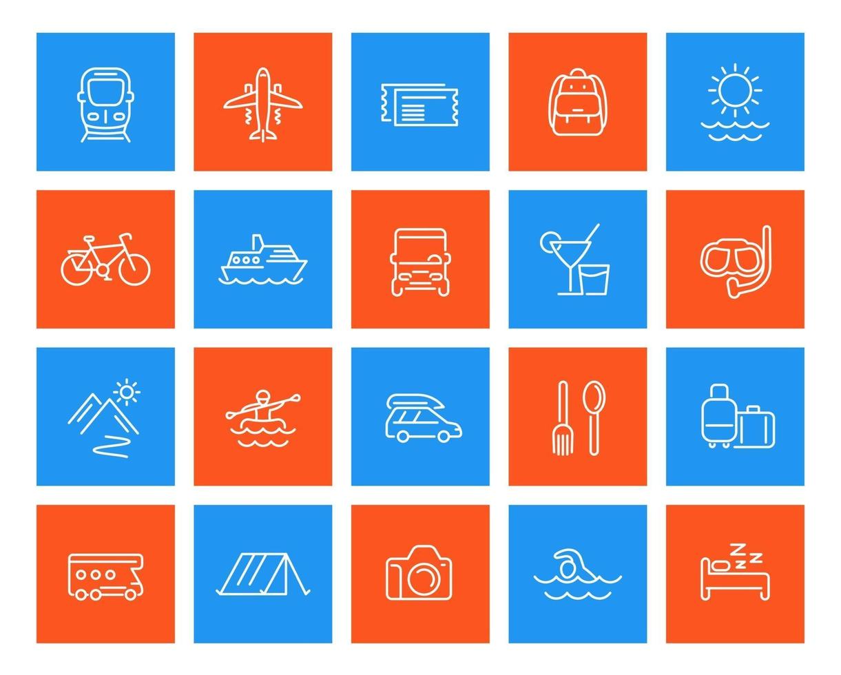 reizen, toerisme, vakantie lineaire iconen set vector