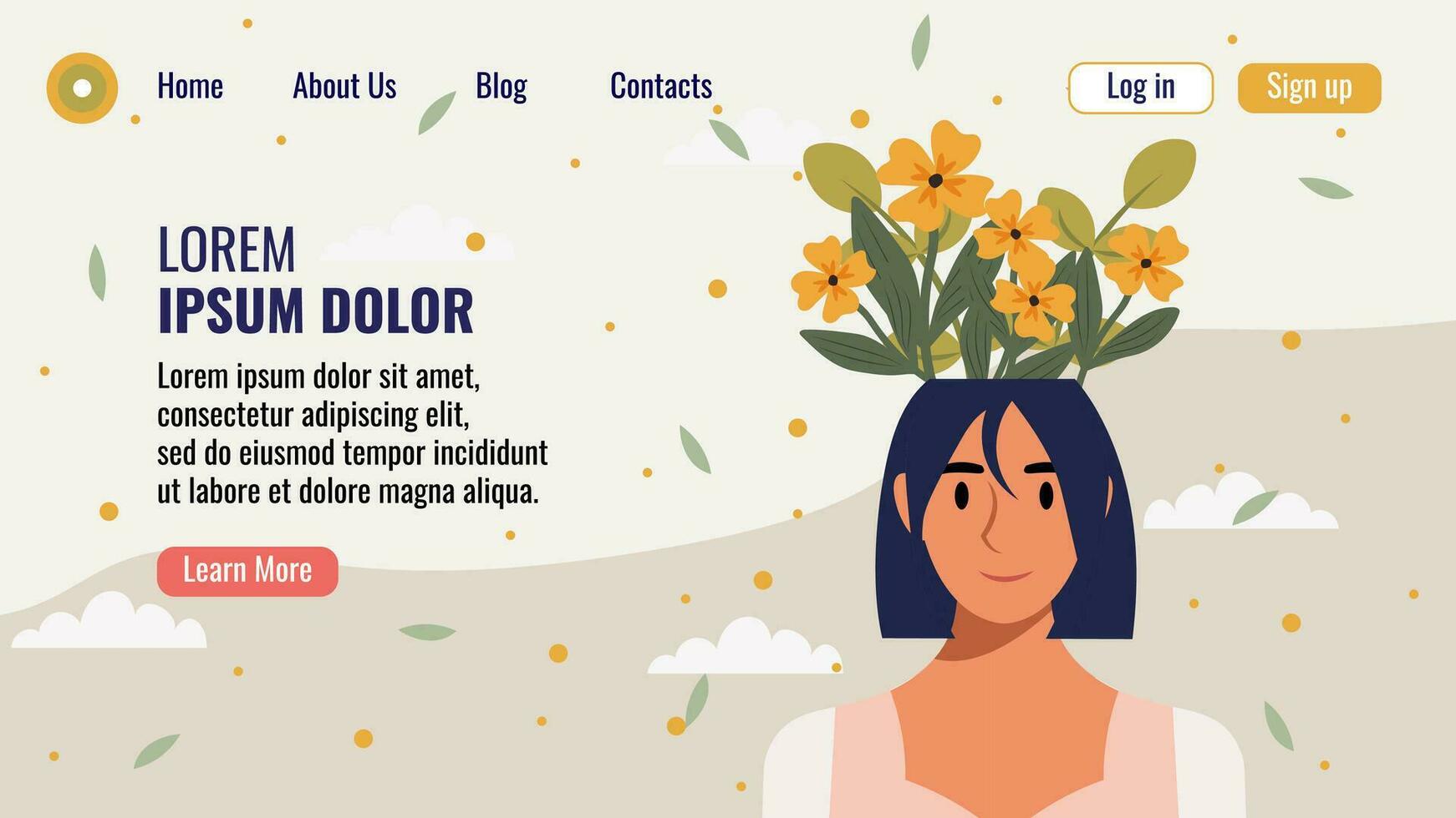 vlak ontwerp website landen bladzijde sjabloon met een portret van een vrouw met een boeket van bloemen. mentaal Gezondheid concept. vector illustratie.