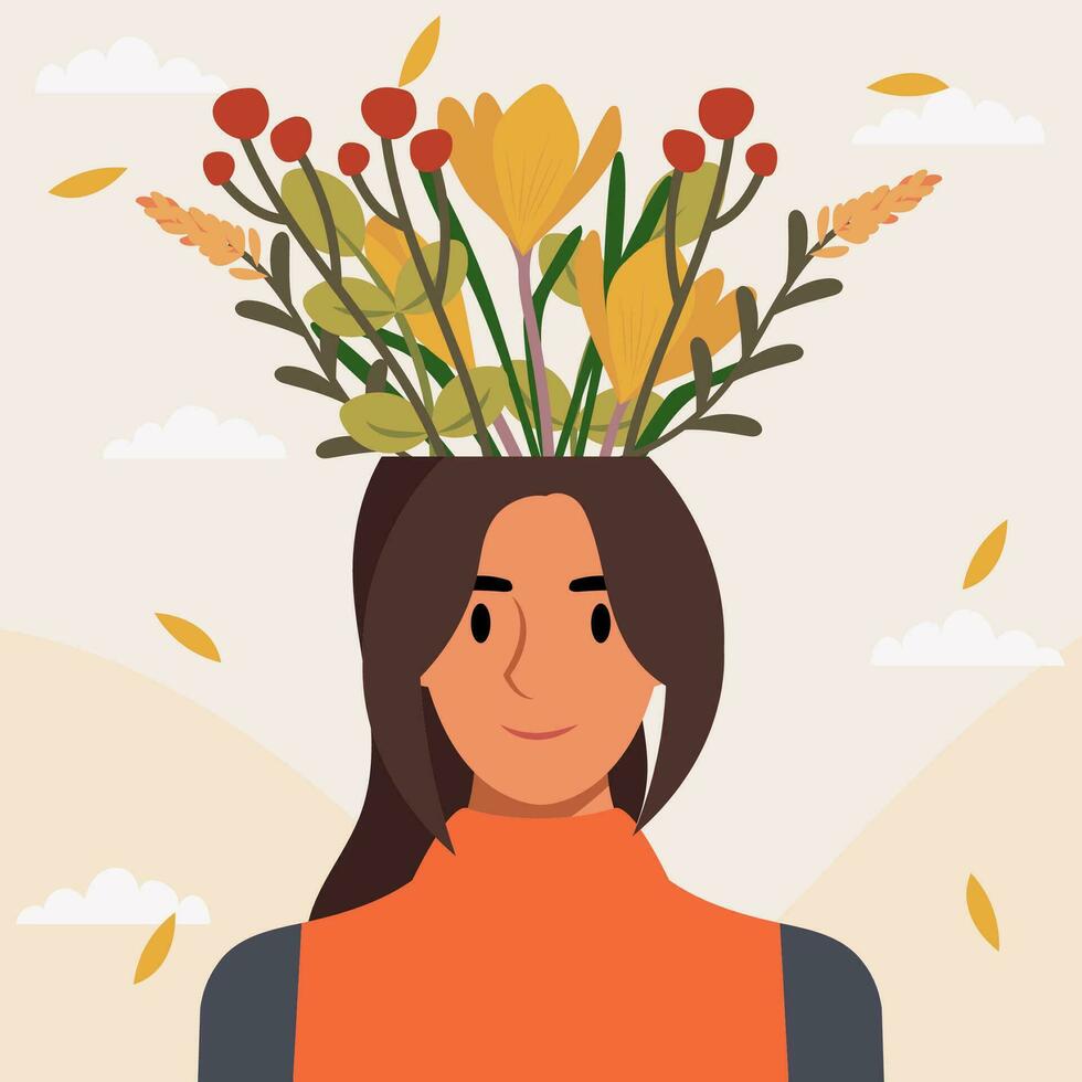 vlak ontwerp vector illustratie concept van vrouw met bloemen in haar hoofd.