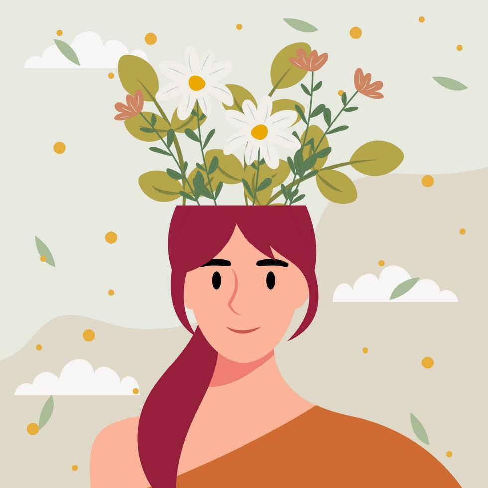 vlak ontwerp vector illustratie concept van vrouw met bloemen in haar hoofd.