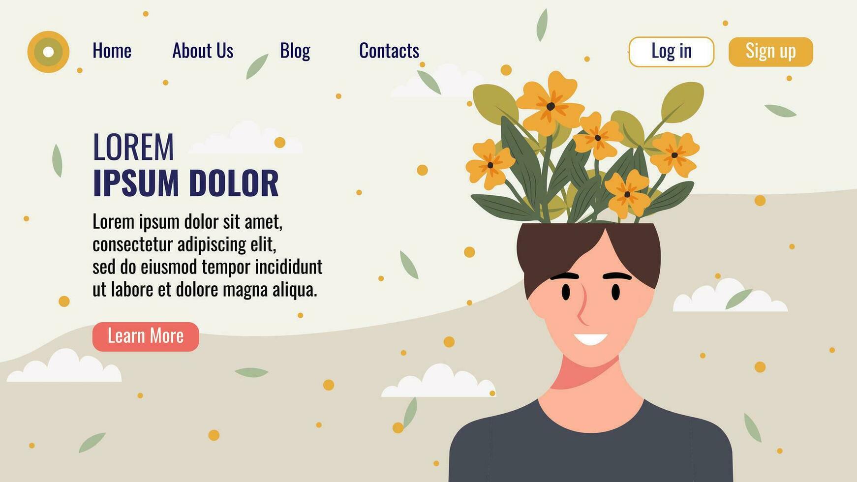 vlak ontwerp website landen bladzijde sjabloon met een portret van een vrouw met een boeket van bloemen. mentaal Gezondheid concept. vector illustratie.